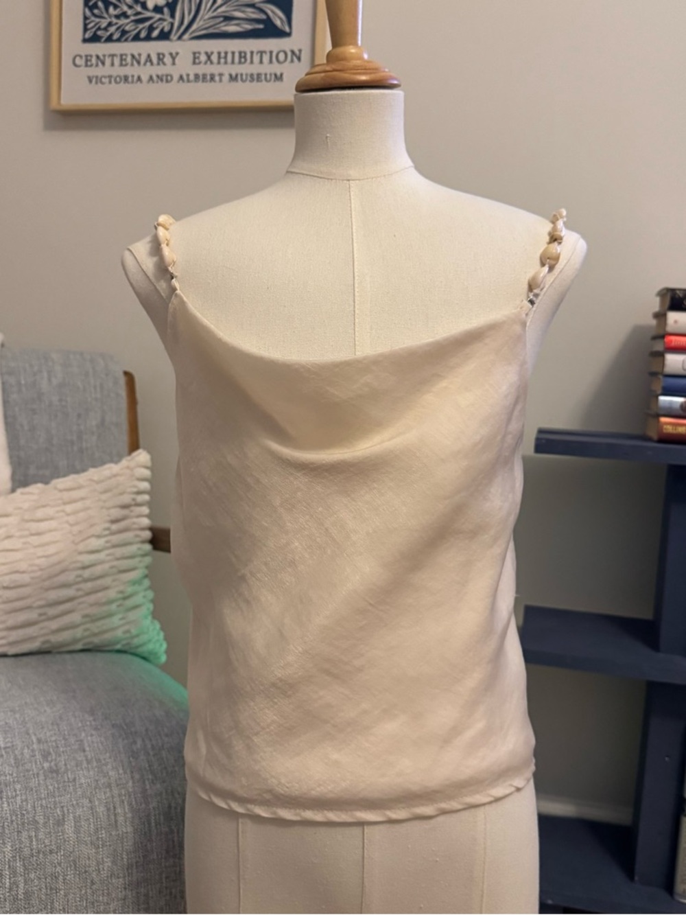 Beaded Strap Cream Cowl Neck Women's Top